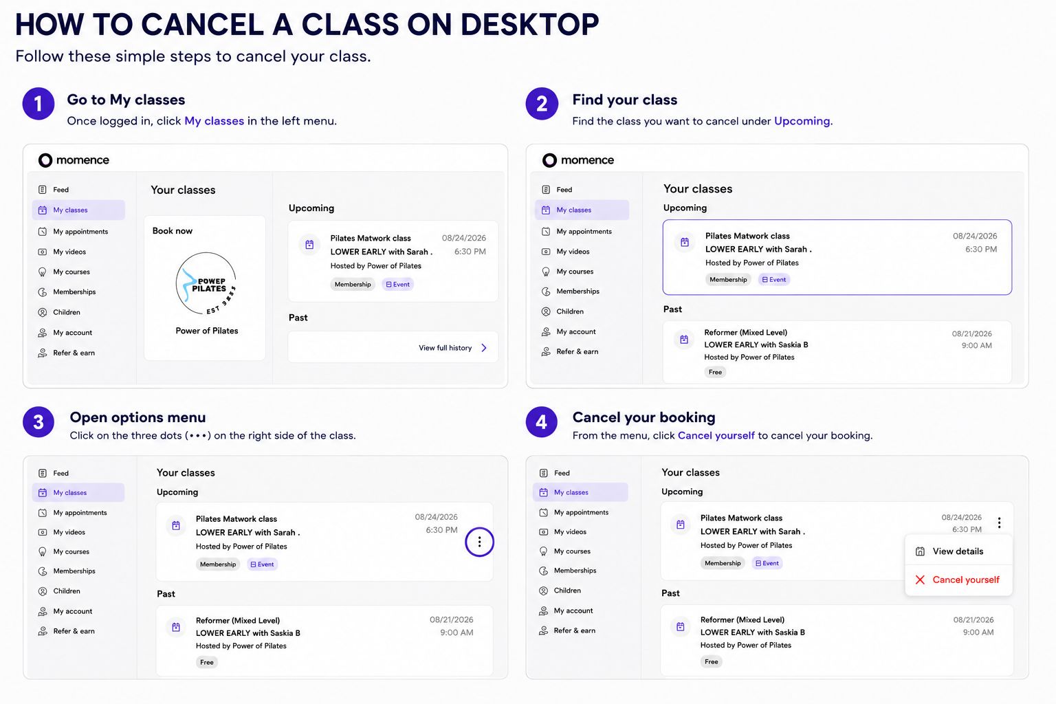 How to cancel a Power of Pilates class on desktop or laptop