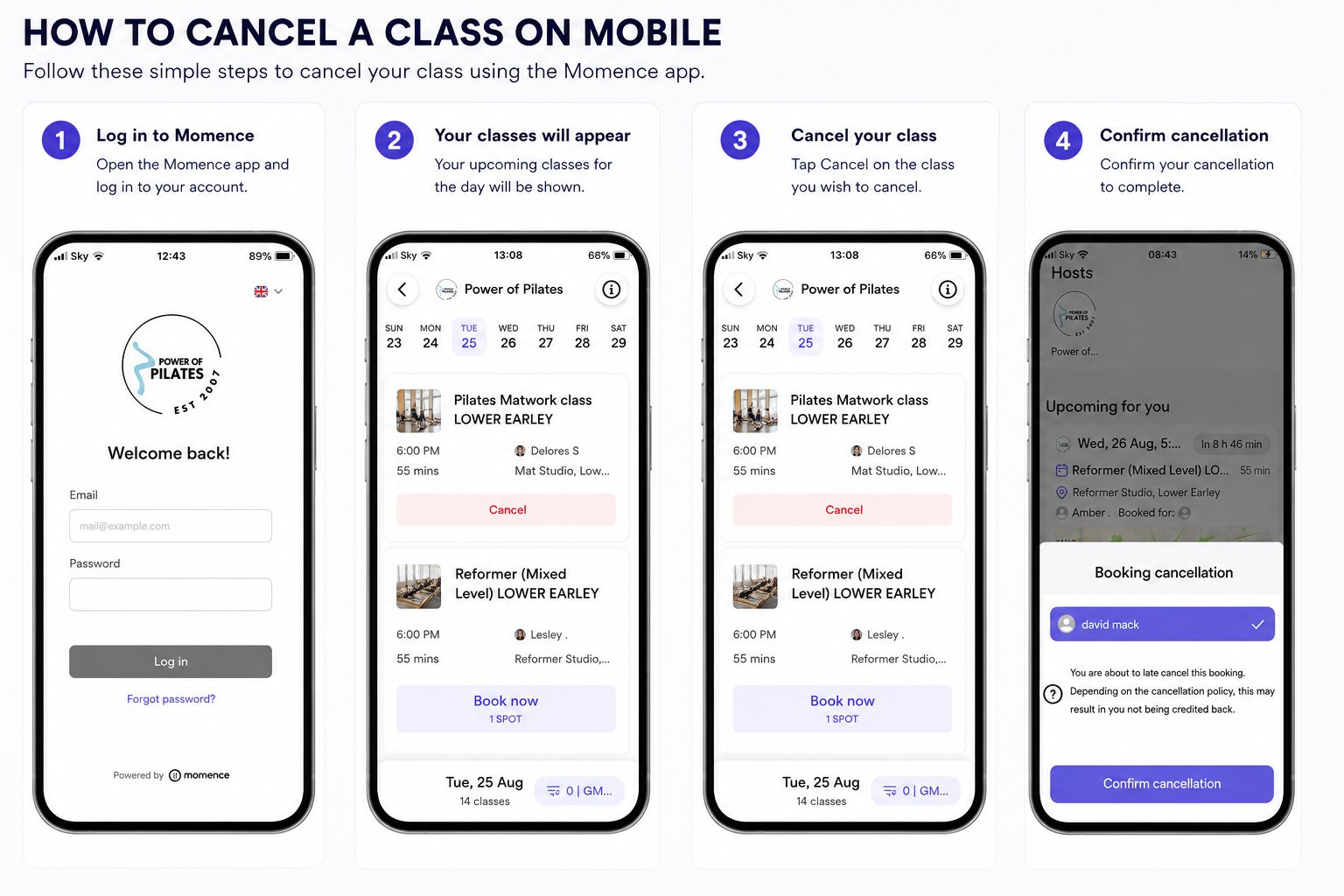How to cancel a Power of Pilates class using the Momence mobile app