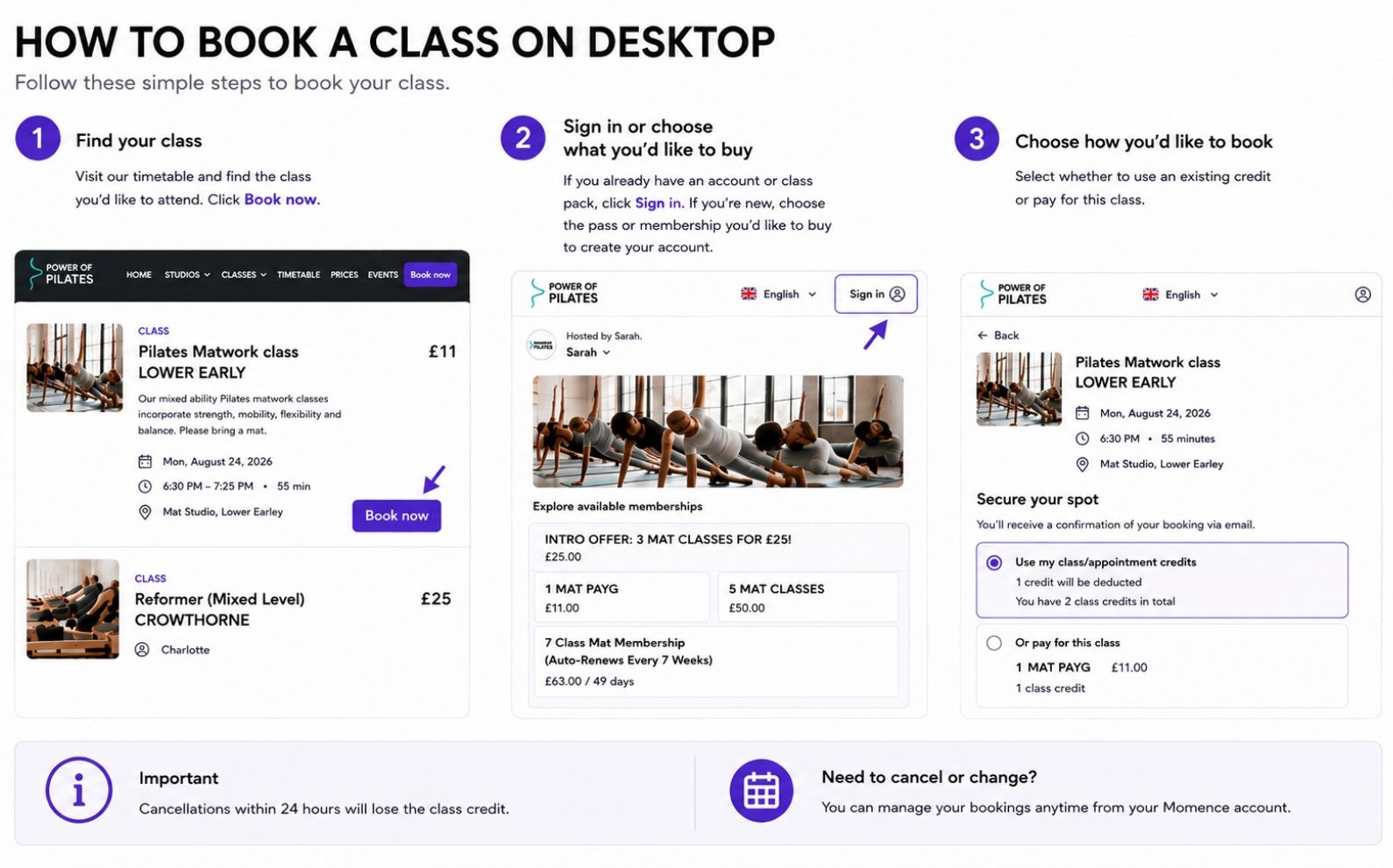 How to book a Power of Pilates class on desktop or laptop