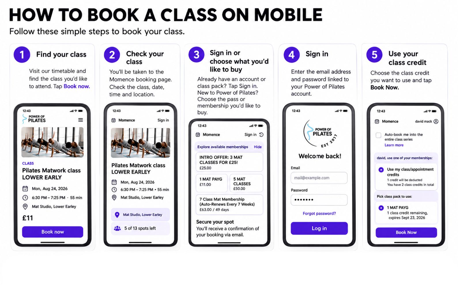 How to book a Power of Pilates class on mobile