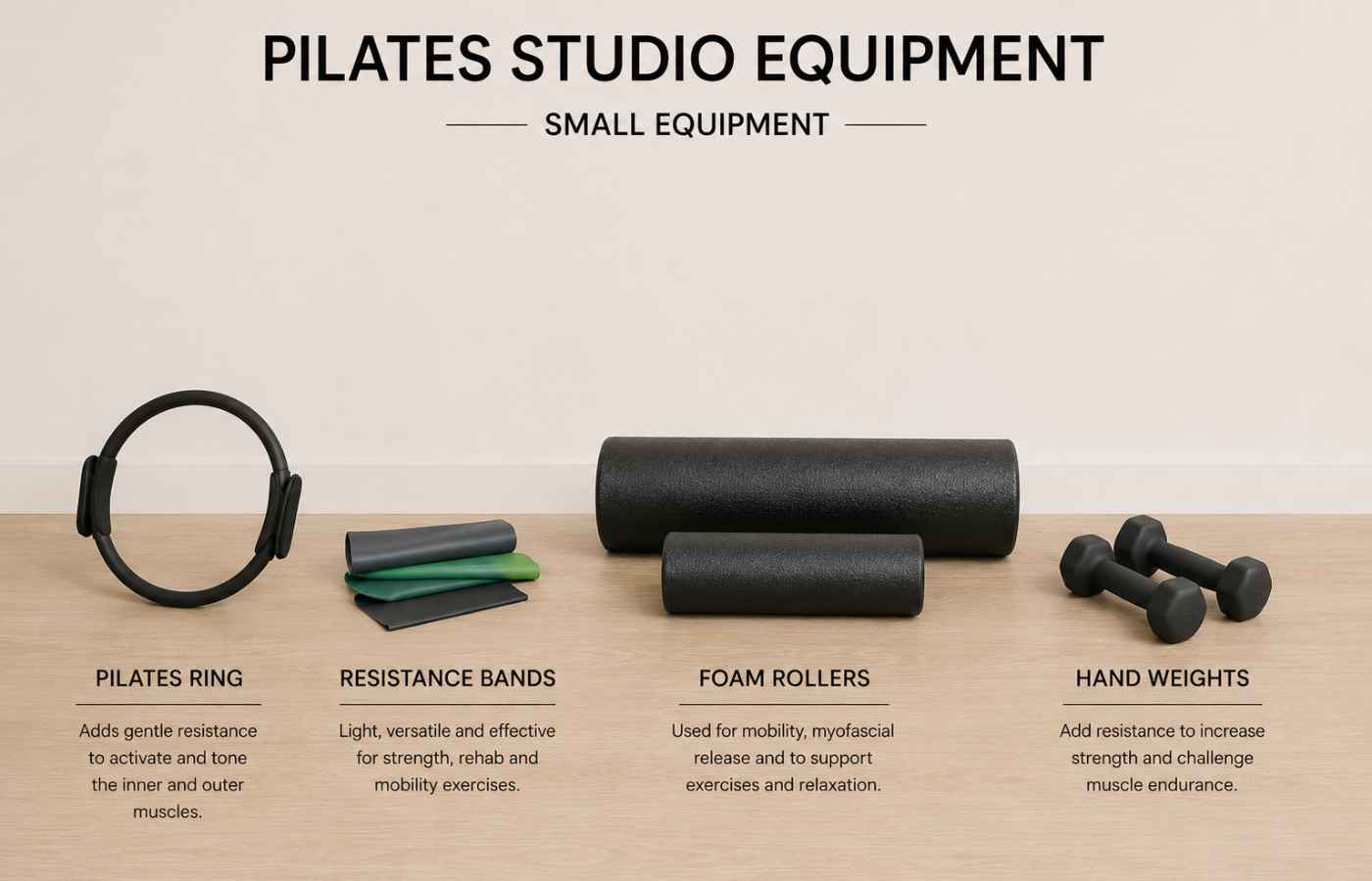Small equipment used in Mat Pilates including a circle, bands, rollers and hand weights